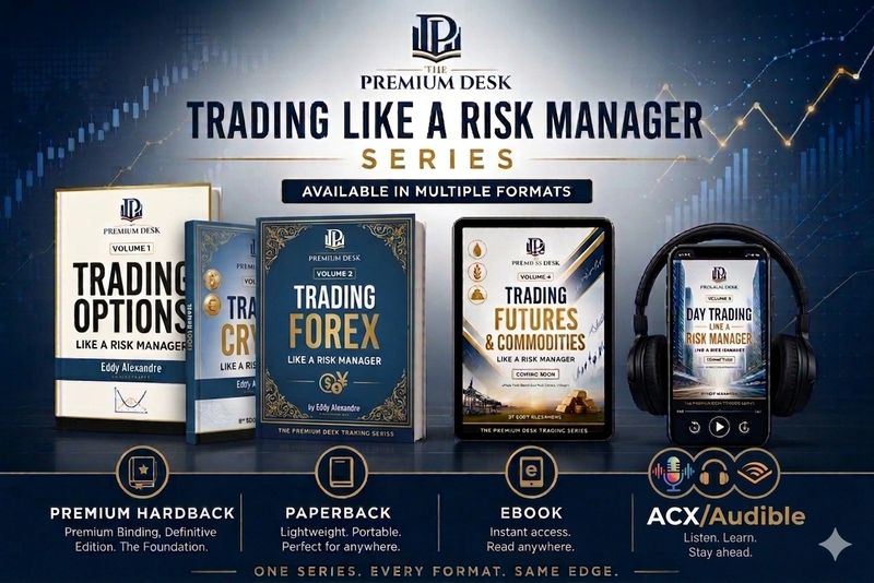 Professional trader studying advanced trading strategies from The Premium Desk book series