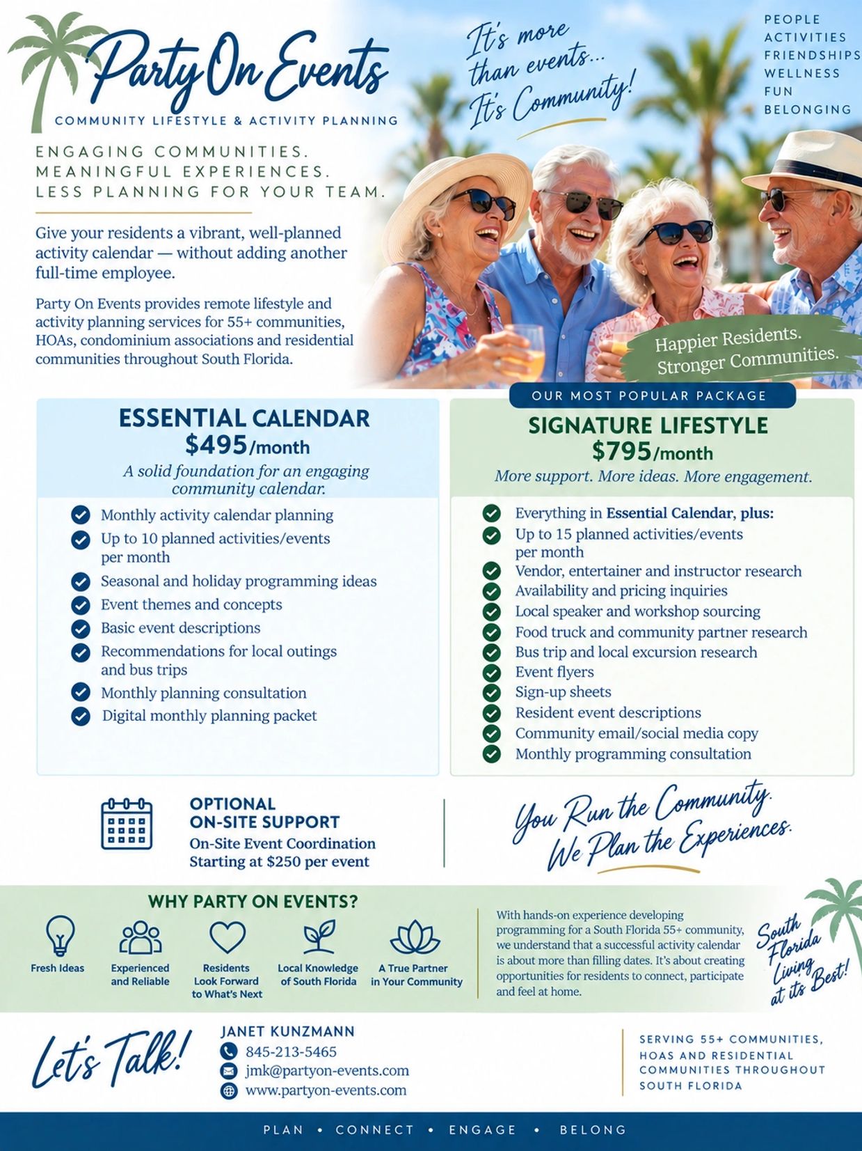 Party On Events offers lifestyle and activity planning for 55+ communities in South Florida.