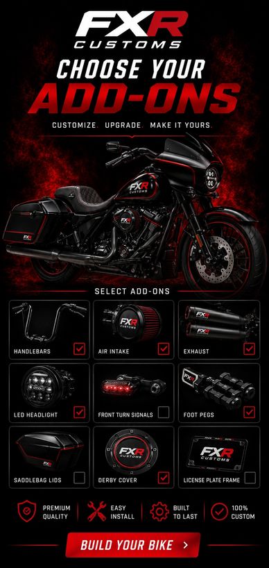 Motorcycle add-ons selection screen with handlebar, intake, and exhaust options.