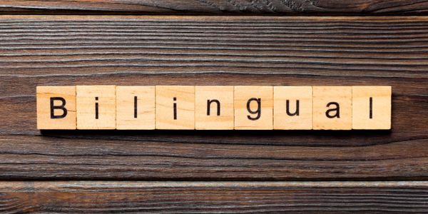 Wood plank background, scrabble tiles that spell BILINGUAL
