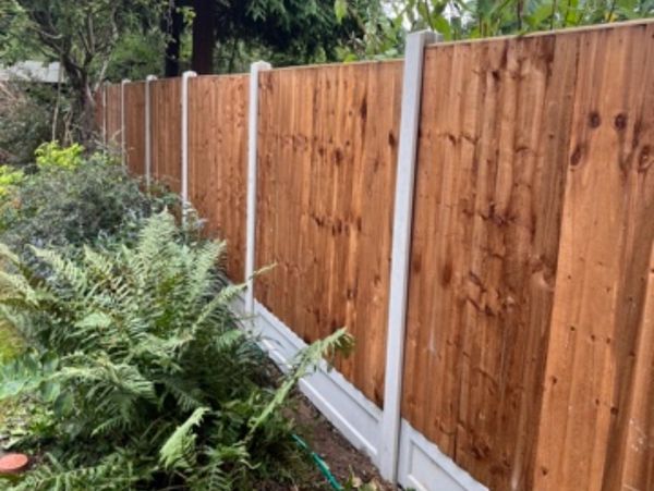 Newly installed wooden fence panels with white concrete posts and base.
