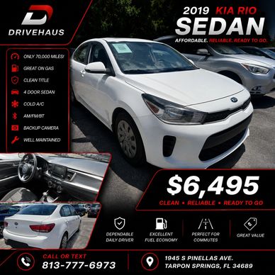 2019 Kia Rio Sedan in white, priced at $6,495, offered by Drivehaus.