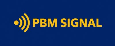 Logo of PBM SIGNAL in yellow on blue background.