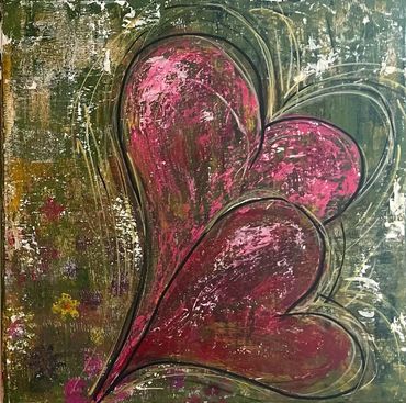 2 hearts- abstract hearts- red and green hearts- abstract- intertwined hearts