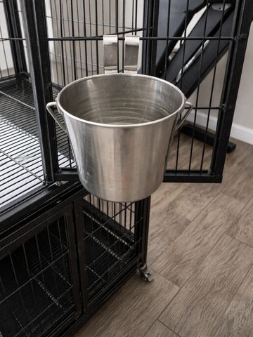 Stainless steel hanging bucket that clips securely onto a kennel or crate for clean, and elevated. 