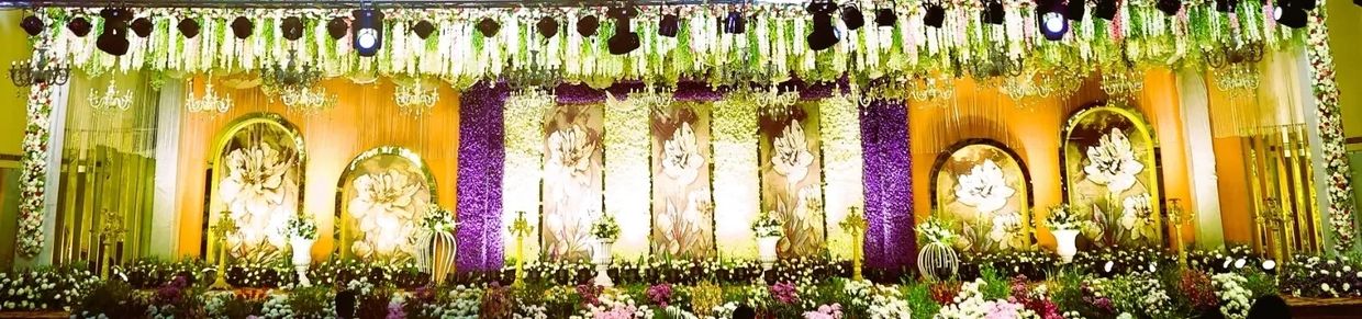 Wedding Flower Decoration on Stage of a Convention Hall Event and Party Planning Event Management