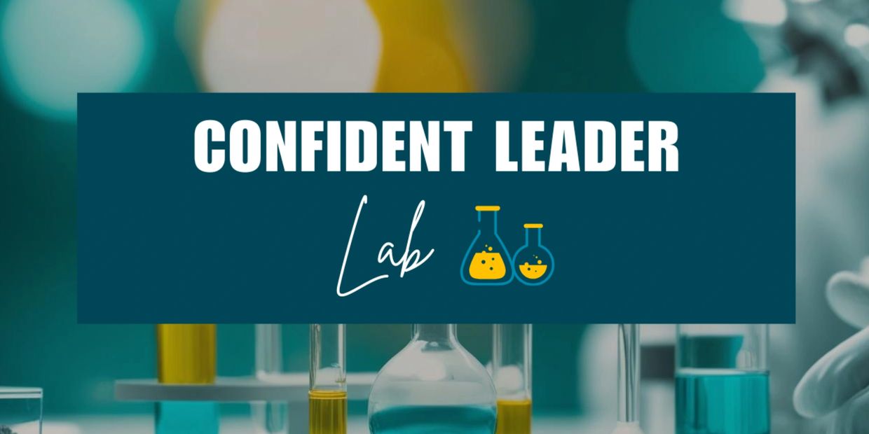 Logo of Confident Leader Lab with lab equipment background.