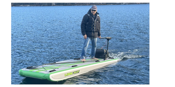 Link Sup paddle board that links together, super stable paddle board with electric motor and fishing rod holders