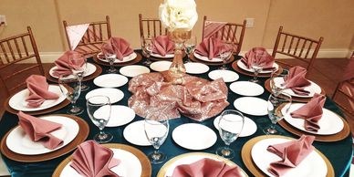 Elegant dining table set for ten guests.