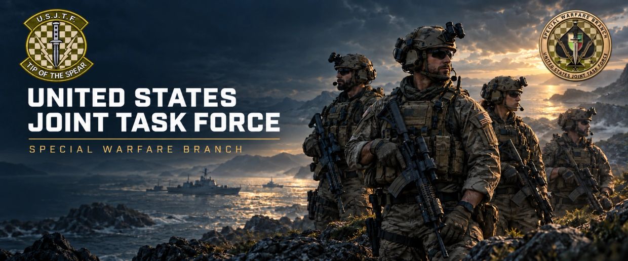 U.S. Joint Task Force Special Warfare soldiers at sunset.