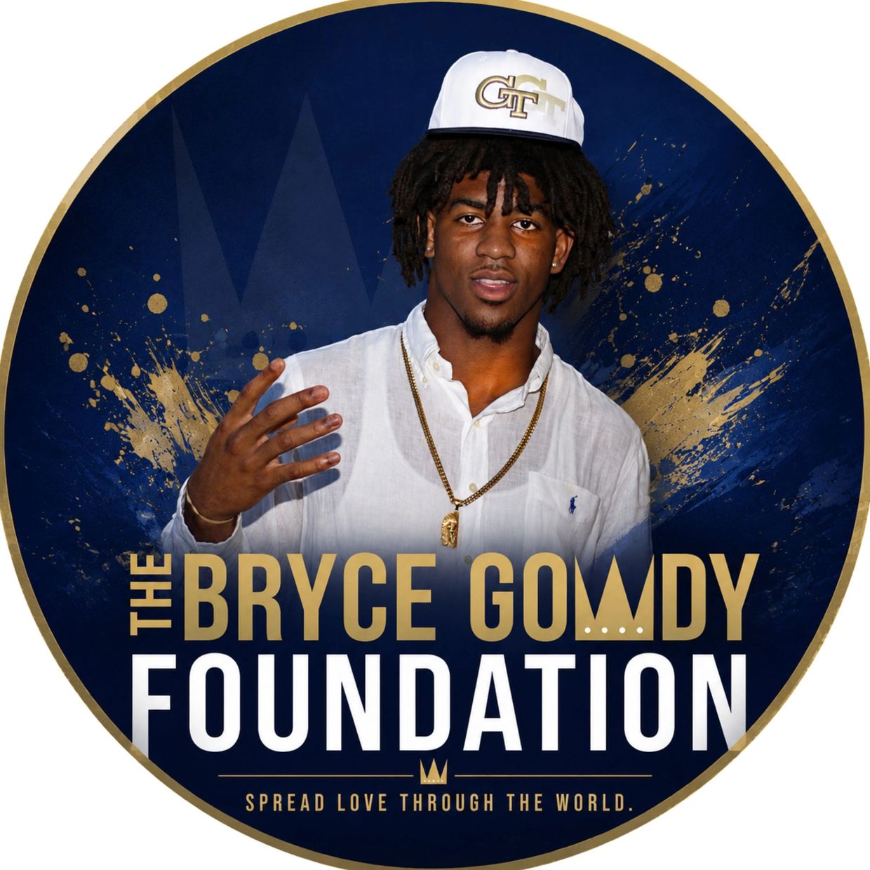 Bryce Gowdy Foundation logo featuring a man in a white shirt and GT cap.