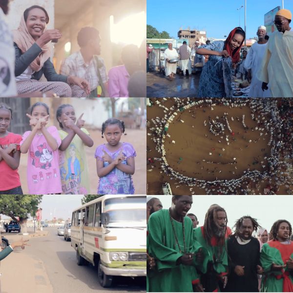 Collage of daily life scenes: smiling woman, fish market, kids posing, aerial crowd, city bus, and street musicians.