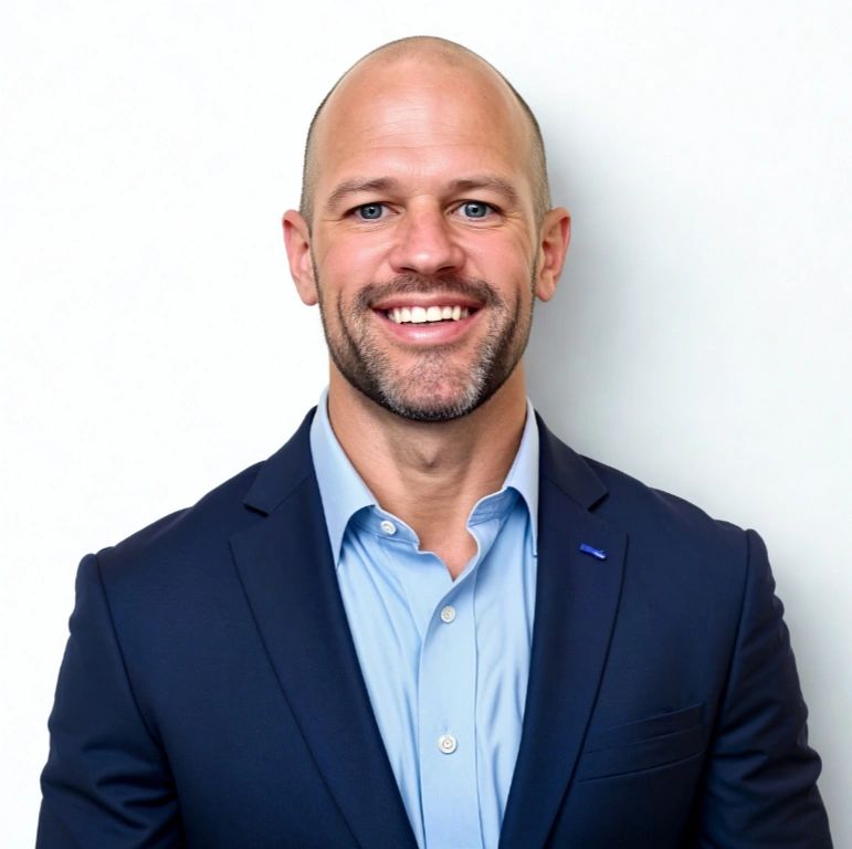 Smiling bald man in a navy blazer and light blue shirt.