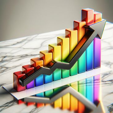 Colorful 3D bar chart with rising arrow on marble surface.