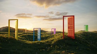 Colorful doors standing alone in a sunlit grassy field at sunset.