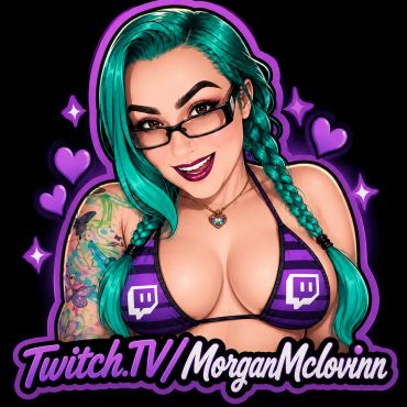 Cartoon of a woman with teal hair and glasses promoting Twitch channel.