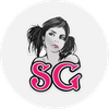 Stylized drawing of a woman with SG initials.