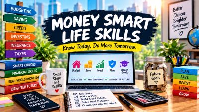Educational image promoting money smart life skills and financial planning.