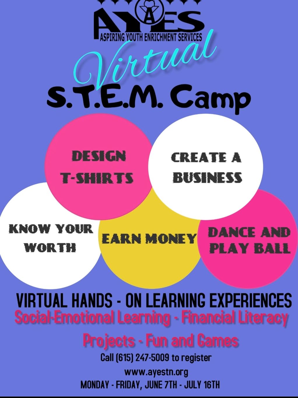 Virtual STEM camp by AYES with fun, learning, and financial literacy.