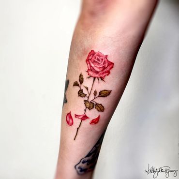 Red rose, fine line tattoo, color tattoo realism. 