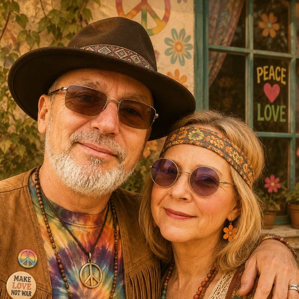 Smiling couple dressed in 60s hippie style with peace symbols and tie-dye clothing.