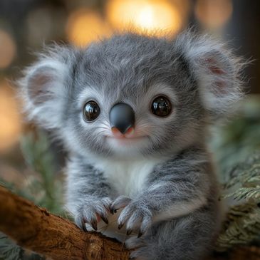 A cute, fluffy baby koala with big eyes sitting on a tree branch.