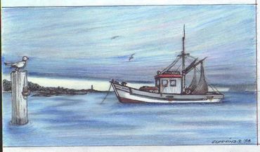 A fishing boat anchored on calm waters with a seagull on a post.