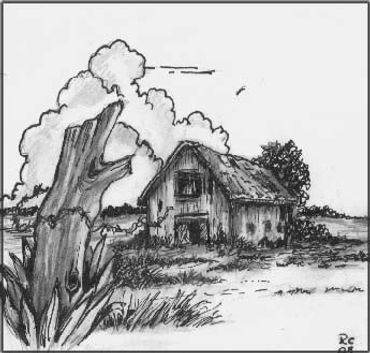 Black and white sketch of a rustic house and a tree stump in a rural setting.