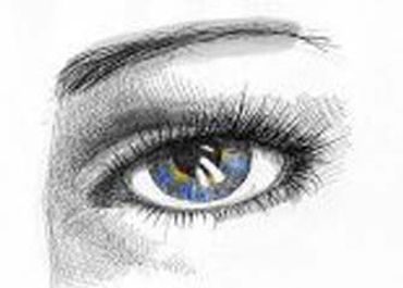 Detailed pencil sketch of a blue eye with realistic shading and lashes.