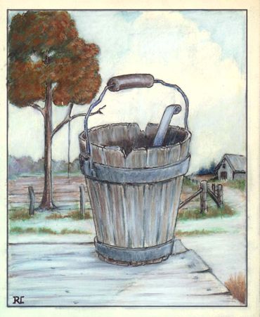 A rustic wooden bucket with a ladle on a porch, set in a countryside scene.