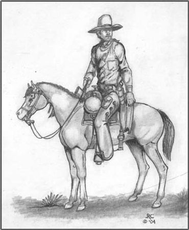 Black and white sketch of a cowboy on horseback.