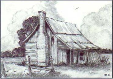 Pencil sketch of a rustic cabin with a chimney in a serene countryside setting.