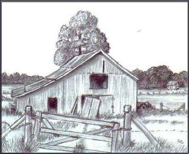Black and white sketch of an old barn with a wooden fence in front.