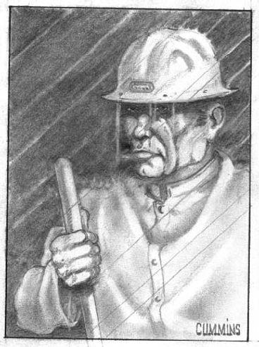 Black and white drawing of a miner holding a tool, wearing a helmet.