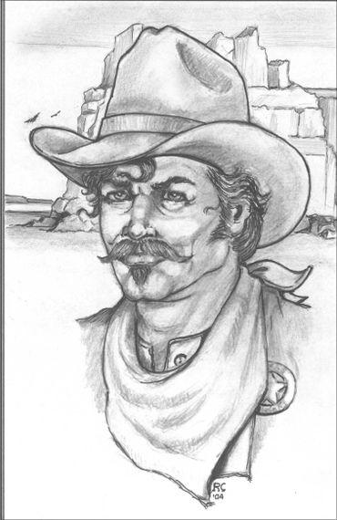 Pencil sketch of a cowboy with a large hat and mustache.