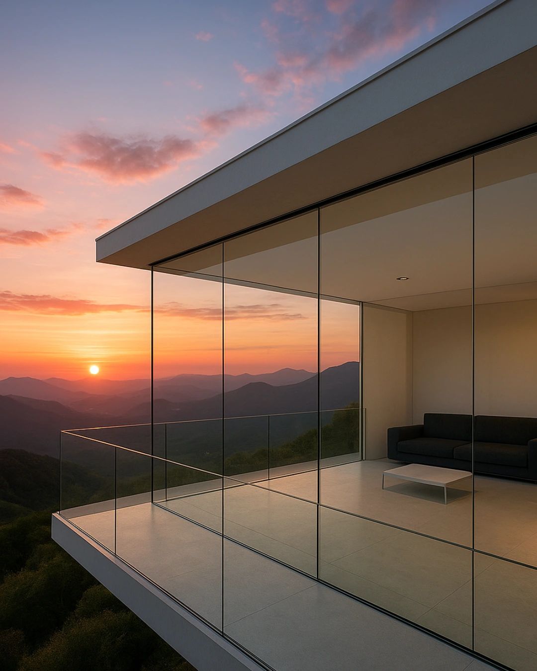 Modern glass balcony overlooking a stunning sunset over mountains.