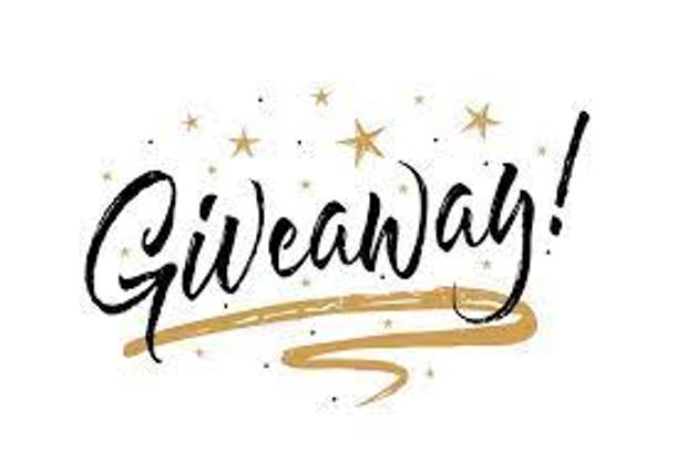 Stylish 'Giveaway!' text with gold stars and underline on white background.