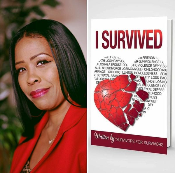 A confident woman in red beside a book titled 'I Survived' about overcoming hardships.