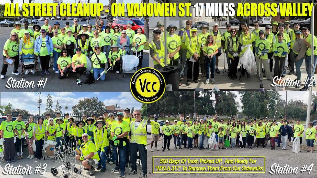 Volunteers gather for a large street cleanup event across four stations on Vanowen Street.