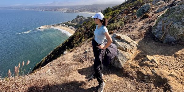Hannah Lee, DPM, podiatrist in San Mateo, hiking a coastal trail above Pacifica near San Francisco