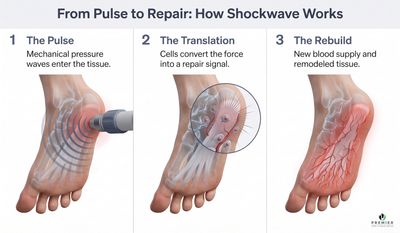 how shockwave therapy works for heel pain: pressure waves, cells converting, repair, and rebuilding