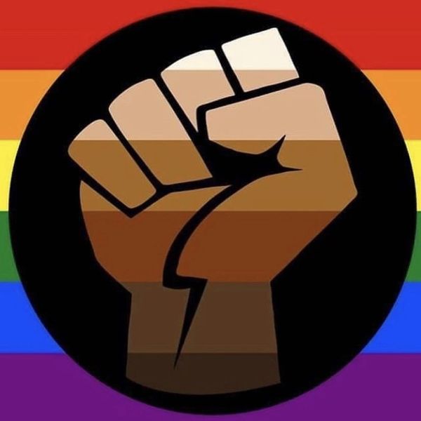 The Black power fist in varying shades of brown, with a rainbow border