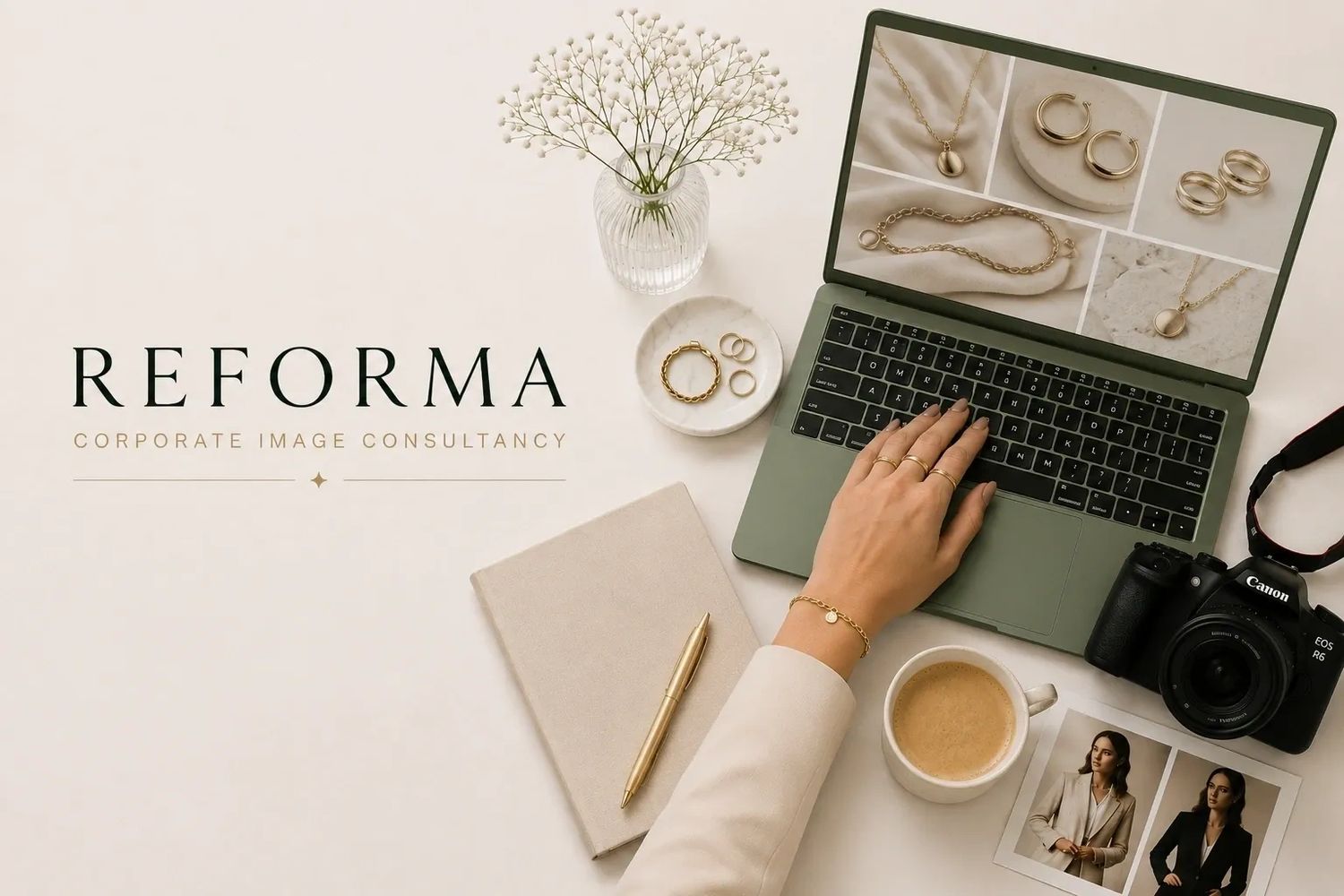 Workspace featuring jewelry photos, a laptop, camera, coffee, and Reforma consultancy branding.
