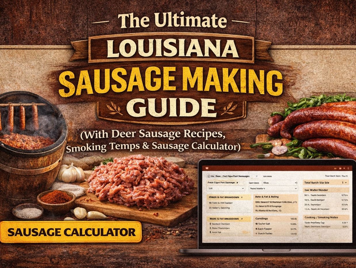 Louisiana sausage making basics, including meat ratios, seasonings, curing salts, and smoking tips.
