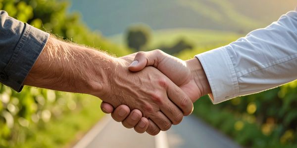 Two men shaking hands with a road behind them