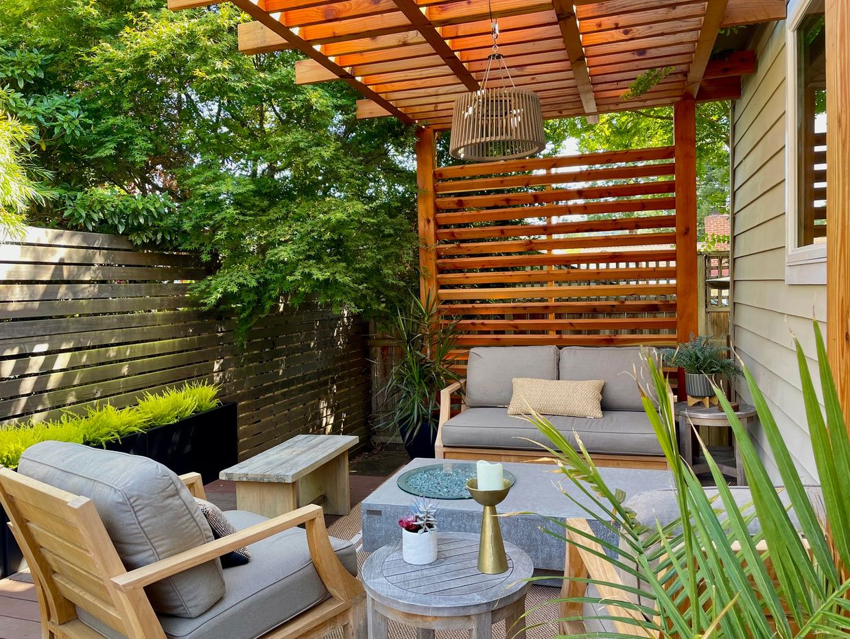Backyard remodel, beautiful pergola with comfy outdoor furniture 