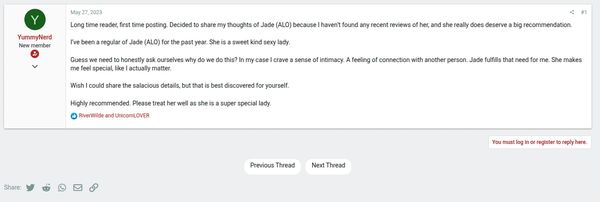 User shares a heartfelt recommendation for Jade (ALO) on a forum.