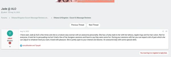 Screenshot of a positive review for Jade @ ALO on an escort massage forum.