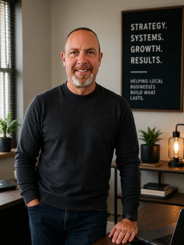 Smiling man in black sweater stands confidently in a modern office space.