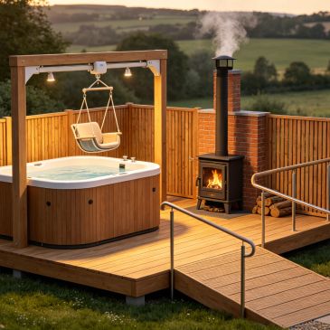 Cozy backyard hot tub with fireplace and swing seat.